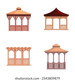 Coleção de quatro ilustrações vetoriais que mostram diferentes desenhos de gazebos de madeira