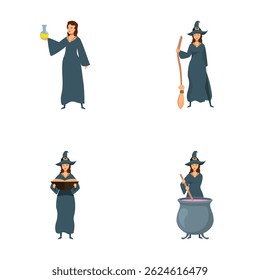Collection of four vector illustrations showcasing a cartoon witch in different poses with magical items