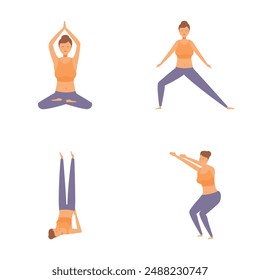 Collection of four vector illustrations showing different yoga poses, suitable for wellness and fitness content