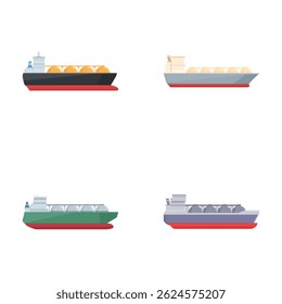 Coleção de quatro ilustrações vetoriais que mostram navios de carga com vários contentores