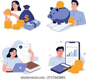 Una colección de cuatro Ilustraciones vectoriales que muestran diversas actividades financieras como ahorrar, invertir y administrar dinero.