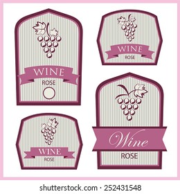 Collection of four vector labels for wine with grapes image in gray and pink colors and striped background