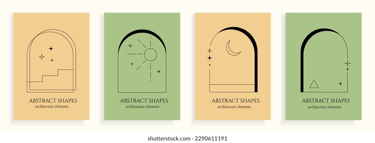 Colección de cuatro afiches vectoriales con arco y2k, marcos abstractos arquitectónicos, elementos con estrellas sobre un fondo de color simple.