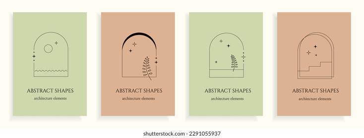 Collection of four vector poster with y2k arch, architectural abstract frames, elements with stars on a simple colored background.