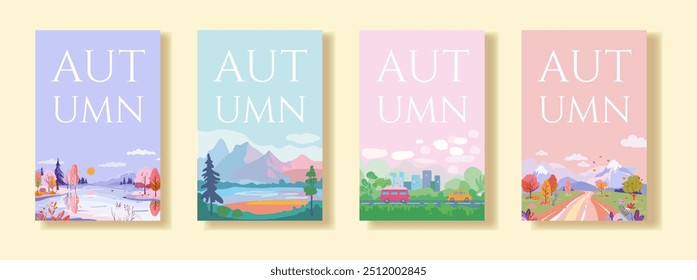 A collection of four vector posters, each featuring a different autumn-themed landscape. The posters display scenes of nature with trees, mountains, and roads, using a flat design style and soft color