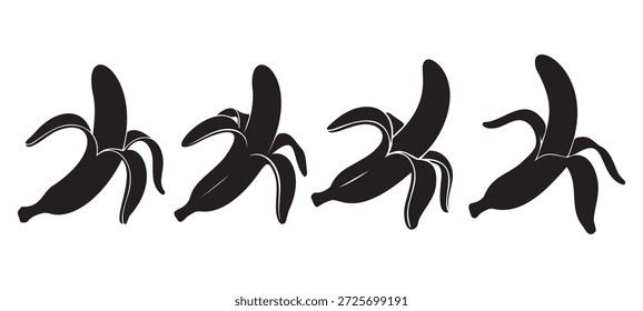 Uma coleção de quatro ilustrações de silhueta vetorial de bananas descascadas em estilo preto sólido. Este conjunto apresenta vários estágios de descascamento com formas de pele detalhadas, perfeito para uso como logotipos de alimentos, ícones de lanches saudáveis, símbolos de supermercado e designs de frutas tropicais. Isolado em um fundo branco.