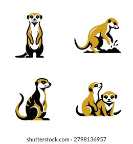 A collection of four vector style meerkat graphics featuring the animals in natural behaviors like sentry standing digging in dirt and resting together