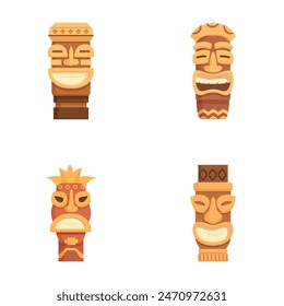 Collection of four vector tiki masks with various expressions, isolated on white background