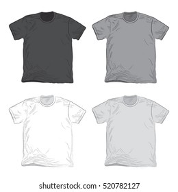 A collection of four vector t-shirts for use in clothing mock-ups. These shirts are illustrated in a sketchy style with halftone shading.