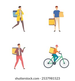 Collection of four vectors depicting different modes of delivery personnel, including walking and cycling