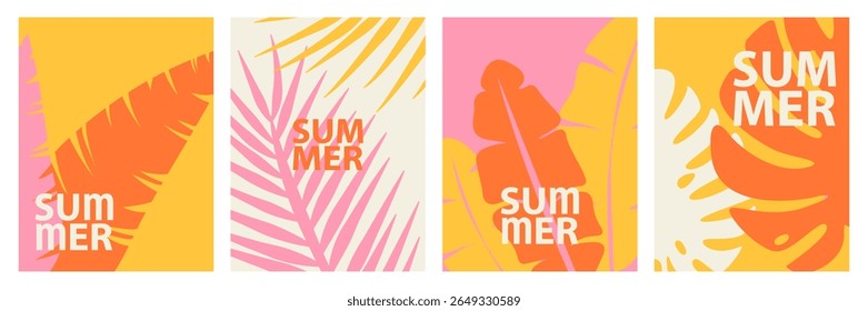 Colección de cuatro carteles abstractos de verano de Vertical con siluetas de hojas tropicales, fondo de naturaleza groovy colorido