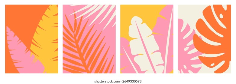 Collection of four vertical abstract summer posters with silhouetes of tropical leaves, colorful groovy nature background