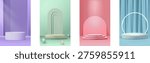 A collection of four vertical banners featuring empty 3D podiums and platforms for product display. The designs include geometric shapes like arches, circles, and stripes in soft pastel colors: purple, mint green, pink, and blue. Ideal for cosmetic advertising, mockups, and presentations.