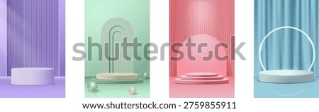 A collection of four vertical banners featuring empty 3D podiums and platforms for product display. The designs include geometric shapes like arches, circles, and stripes in soft pastel colors: purple, mint green, pink, and blue. Ideal for cosmetic advertising, mockups, and presentations.