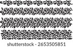 A collection of four vertical black decorative borders featuring intricate swirling floral patterns, leaves, and vine-like elements against a white background.