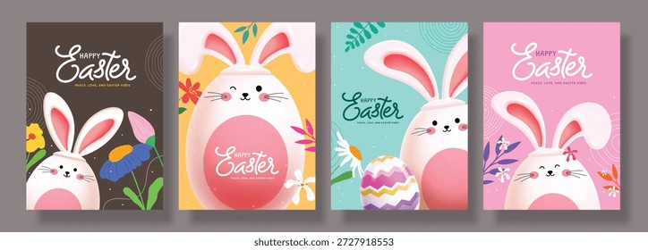 A collection of four vertical Easter greeting card templates featuring cute bunny egg characters and floral designs.