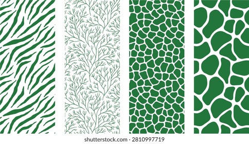 A collection of four vertical panels featuring abstract green and white patterns, including stripes, branching coral shapes, and mosaic textures. Ideal for use in backgrounds, textile design, digital art, and creative projects.