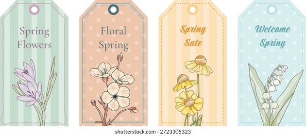 A collection of four vertical paper gift tags featuring spring flowers including lily of the valley and crocuses in soft pastel colors with striped and polka dot patterns.