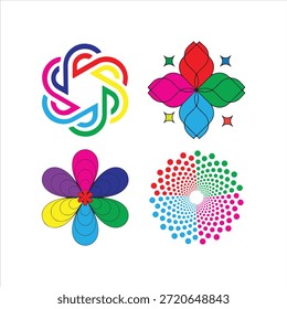 Una colección de cuatro diseños abstractos vibrantes con patrones florales y geométricos sobre un fondo blanco