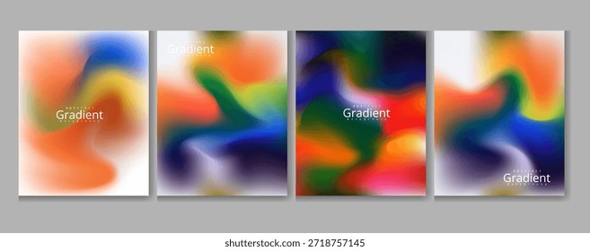 Colección de cuatro diseños de póster de gradiente abstracto vibrante con mezclas de colores suaves perfectas para fondos modernos y proyectos de marca visual únicos