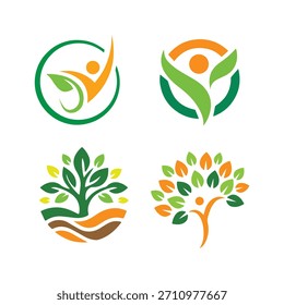 Una colección de cuatro logotipos vibrantes y abstractos con figuras humanas y Elementos naturales como hojas y árboles, que simbolizan el crecimiento, la salud y la comunidad.