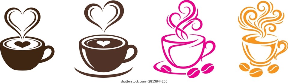 A collection of four vibrant coffee cup logo designs, featuring heart-shaped steam and coffee beans, ideal for coffee shops and beverage brands.