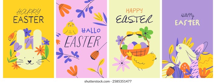 A collection of four vibrant Easter greeting cards featuring cute rabbits, chicks, floral elements, and festive decorations. Perfect for Easter invitations, social media posts, and seasonal designs