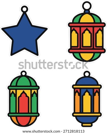 Collection of four vibrant, filled outline vector stickers depicting traditional Ramadan decorations, including three distinct Islamic Fanoos lanterns and a five-pointed star symbol. Essential graphic