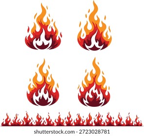 Eine Sammlung von vier lebendigen Feuerflammensymbolen und einem passenden nahtlosen horizontalen Rahmen mit roten und orangefarbenen Farbverläufen, perfekt für Logos und Grafikdesign-Projekte.