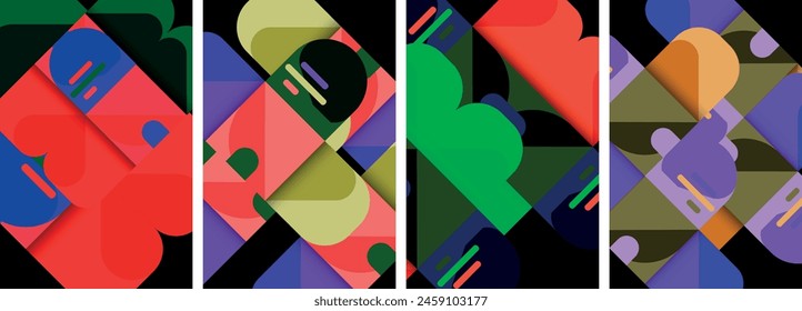 A collection of four vibrant geometric patterns featuring triangles, rectangles, and symmetrical designs in magenta tints and shades on a black textile background