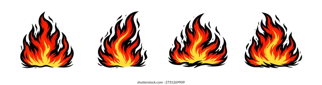 Collection of four vibrant hand-drawn fire flame illustrations with bold outlines and bright colors, ideal for graphic design and creative projects.