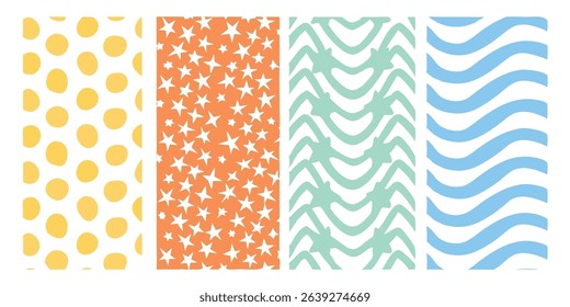 A collection of four vibrant and playful seamless pattern designs featuring polka dots stars wavy lines ideal for various applications