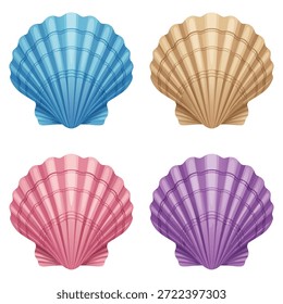 Uma coleção de quatro conchas vibrantes de vieira em azul, bronzeado, rosa e roxo, isoladas em um fundo branco.