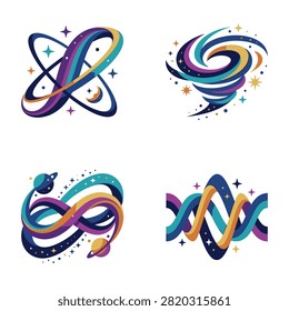 A collection of four vibrant space inspired illustrations featuring swirling orbital rings planetary bodies and shimmering star clusters on a clean white background