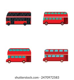 Collection of four vibrant and stylized double decker bus illustrations, isolated on white