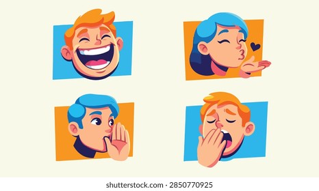 A collection of four vibrant vector characters each displaying distinct emotional expressions: laughing, fainting, whispering, and shocked. These stylized illustrations feature bold outlines and brigh