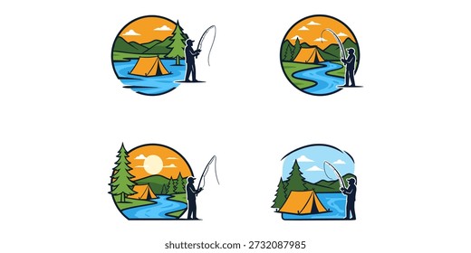 Uma coleção de quatro ilustrações vetoriais vibrantes, cada uma retratando uma cena ao ar livre idílica com uma pessoa pescando ao lado de um rio ou lago, uma barraca de acampamento amarela aninhada perto de pinheiros e montanhas, todas contra um céu quente com um sol proeminente