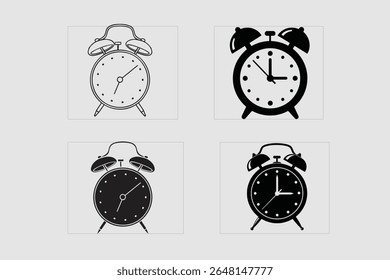 Collection of four vintage alarm clock icons in outline and silhouette styles showing different times