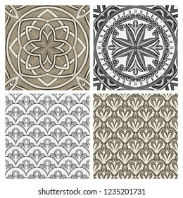 Collection of four vintage seamless pattern in beige and gray colors