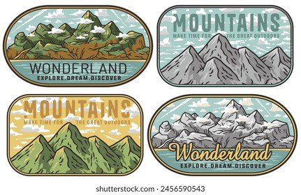 Collection of four vintage-style adventure badges, featuring mountain landscapes for exploring wilderness and embracing great outdoors. Sticker pack travel for camping. Set for nature hiking, camp.