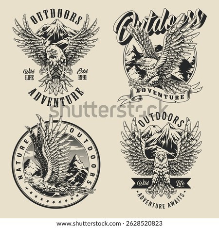 A collection of four vintage-style designs featuring eagles and mountains. Each design emphasizes adventure and connection to nature ideal for outdoor enthusiasts and branding.