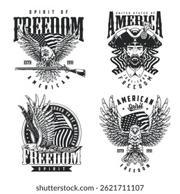 A collection of four vintage-themed graphic designs showcasing American symbols. Each design features an eagle a patriotic image and elements representing freedom and national pride.