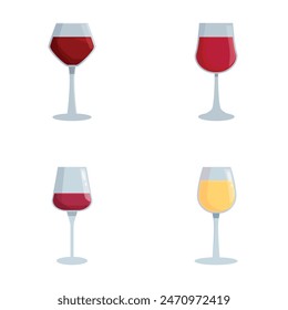 Colección de cuatro copas de vino con vinos tintos y blancos, representada en un estilo de Vector plano