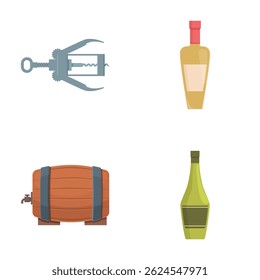 Colección de cuatro Ilustraciones vectoriales con temática vinícola con accesorios y opciones de almacenamiento