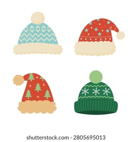 Collection of four winter hats: knitted beanies and Santa caps with patterns. Flat vector illustration on white.