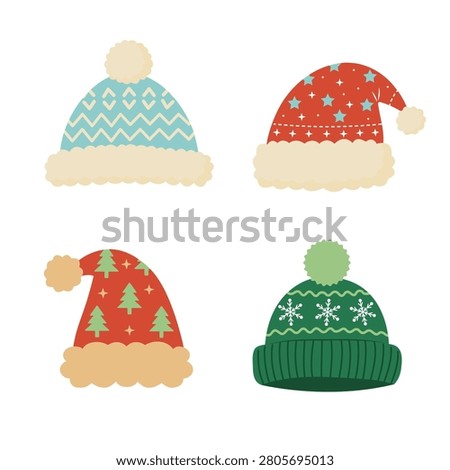 Collection of four winter hats: knitted beanies and Santa caps with patterns. Flat vector illustration on white.