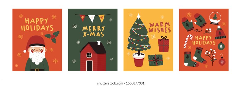 Collection of four winter holidays card templates, with sants, christmas tree, presents. Vector christmas cards template. Festive cards