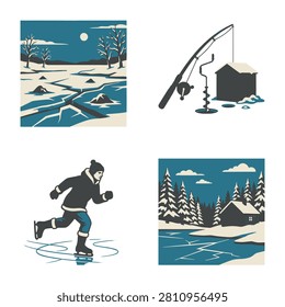 A collection of four winter themed illustrations showing a snowy river night scene ice fishing hut a person ice skating and a cabin in a snowy forest landscape