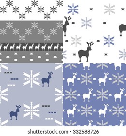 collection of four winter themed repeatable patterns with reindeer and snowflake