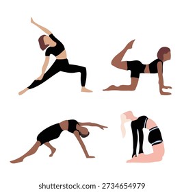 Colección de cuatro mujeres que practican diferentes posiciones de yoga, incluyendo el ángulo lateral estiramiento de rodillas burro patadas puente pose variación y sentados backbend sobre fondo transparente conjunto